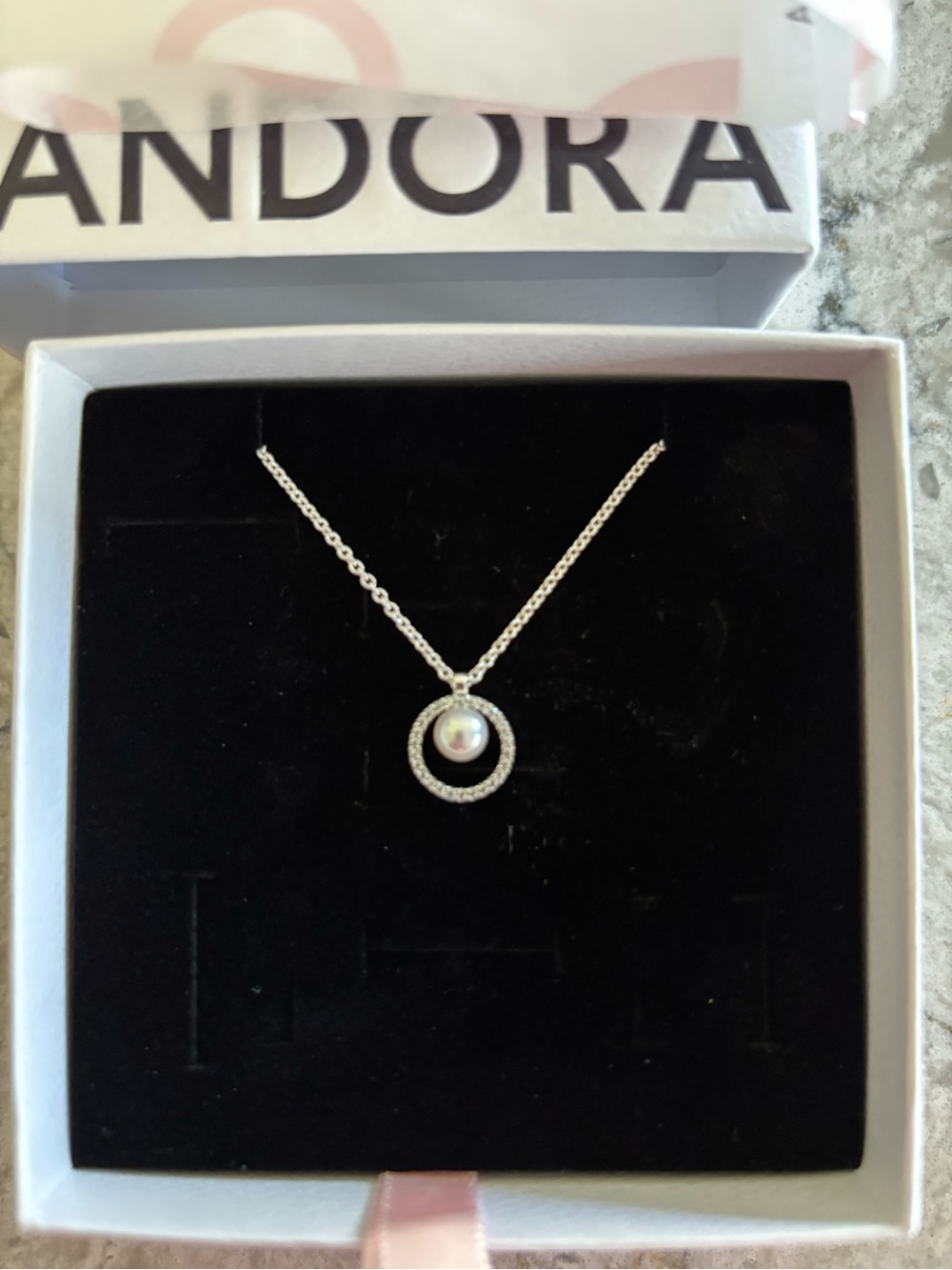 Brand New! Pandora Silver Pearl Halo Necklace - White and Silver